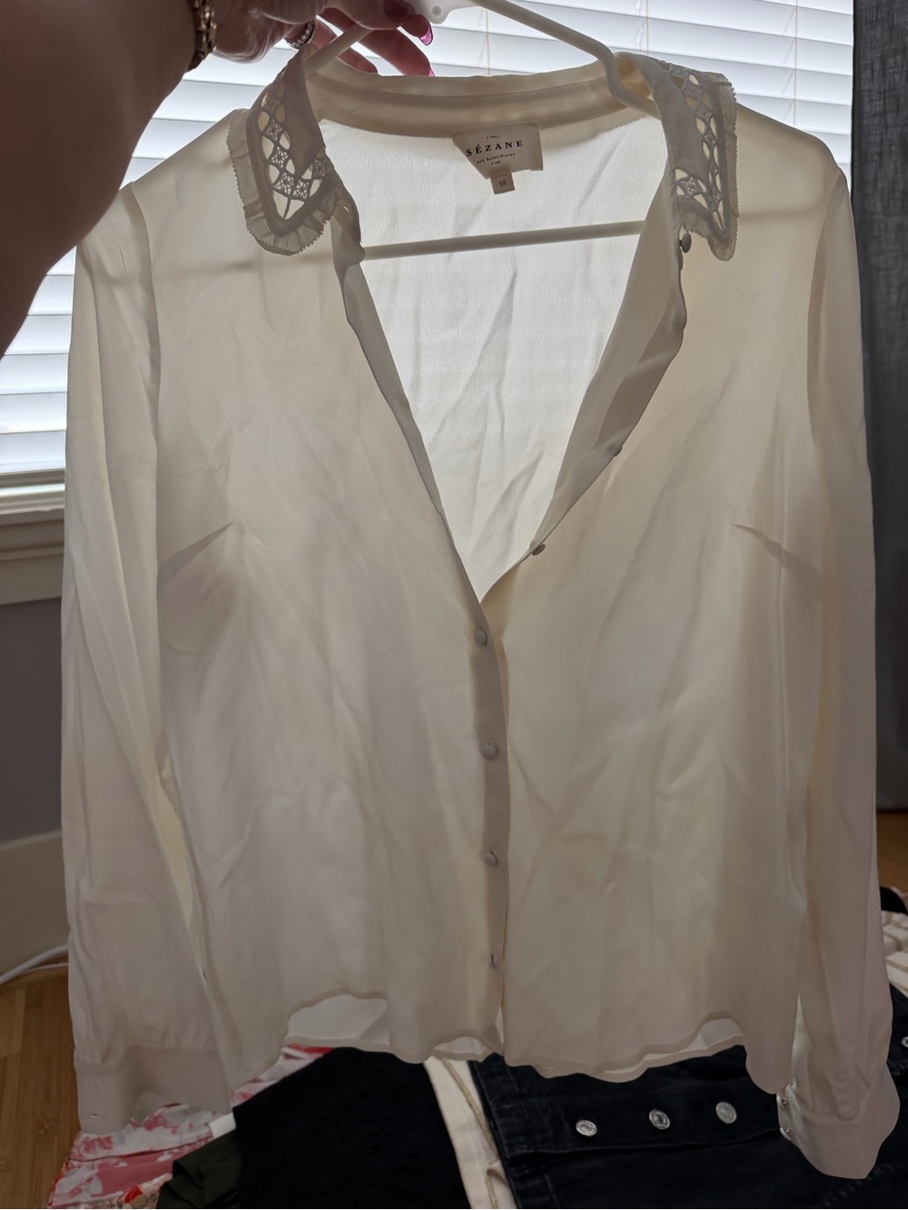 Sezane Cream Button-Down Blouse with Lace Collar